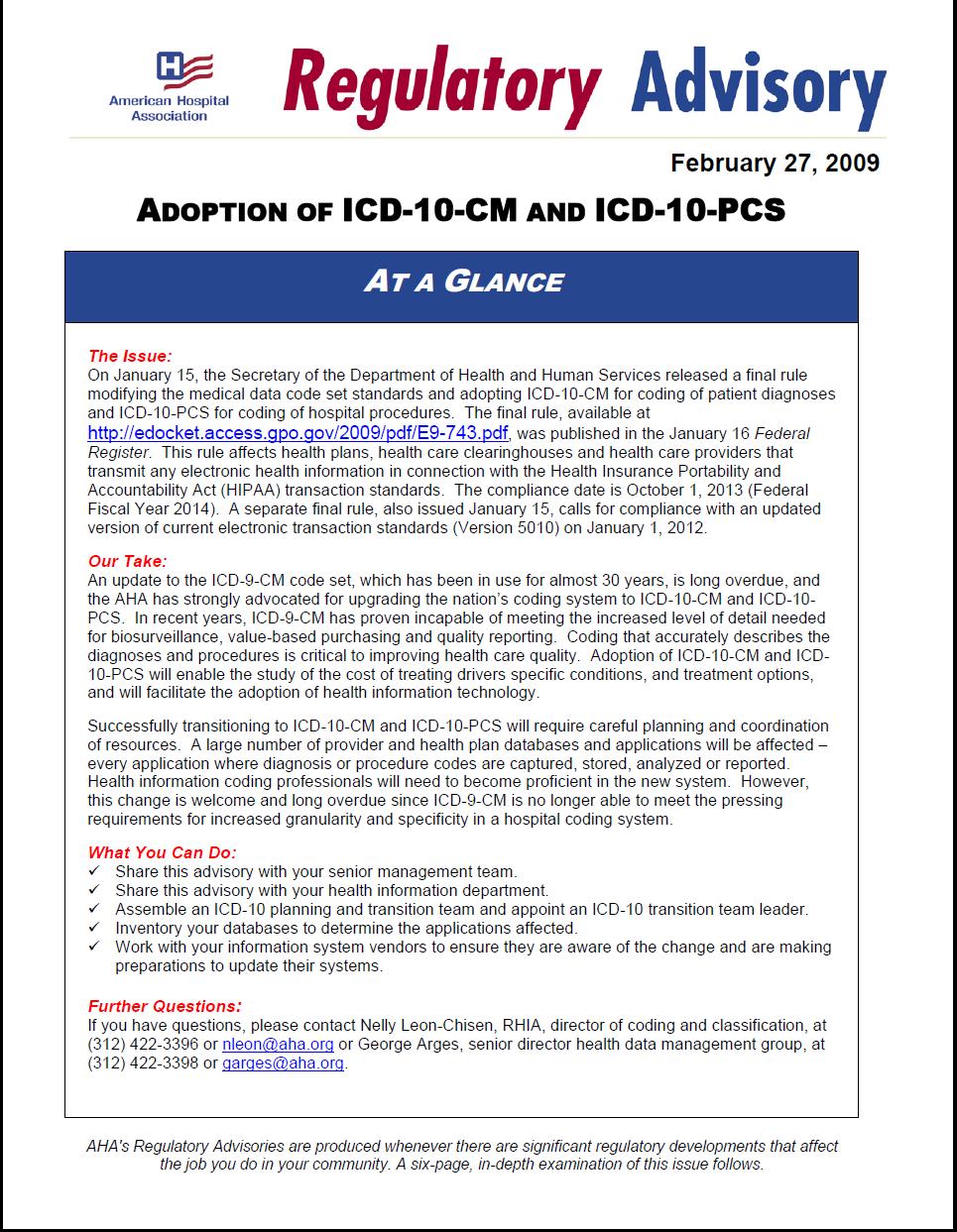 AHA Member Benefit Executive Briefing and Advisories HIPAA Code Set Rule: ICD-10