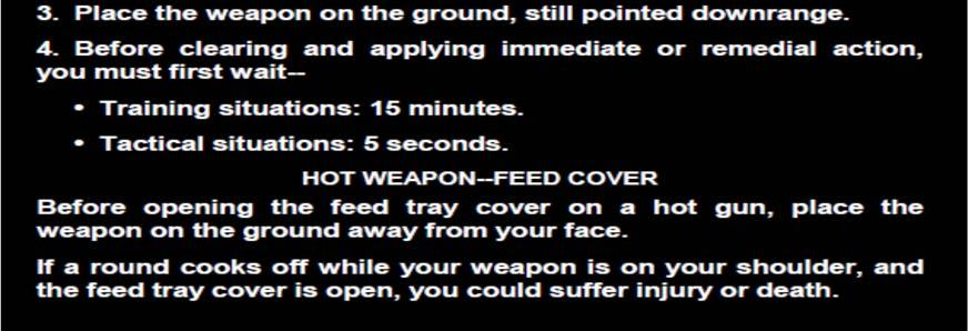 Raises the cover and feed mechanism assembly, and conducts the five-point safety check for brass, links, or ammunition. 1) Checks the feed pawl assembly under the feed cover.