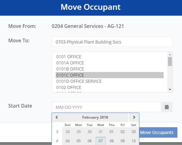 A Pop Up Screen will give you option to select. Select the occupants you wish to move and select the building and room to which they will be moving.