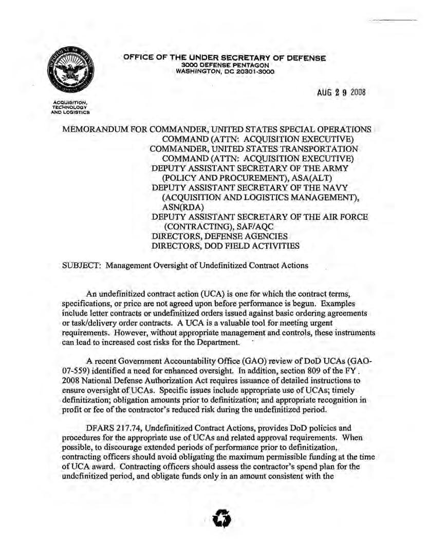 Appendix B. August 29, 2008, Office of Defense Procurement and Acquisition Policy Memorandum* ACQUIS1110N, TE.Cl-tt-~Ct.OQY ANO LOCiiSTIC.