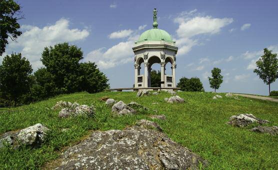 Above, a memorial overlooking Dunker Church honors Maryland soldiers who fought in the Battle of Antietam.
