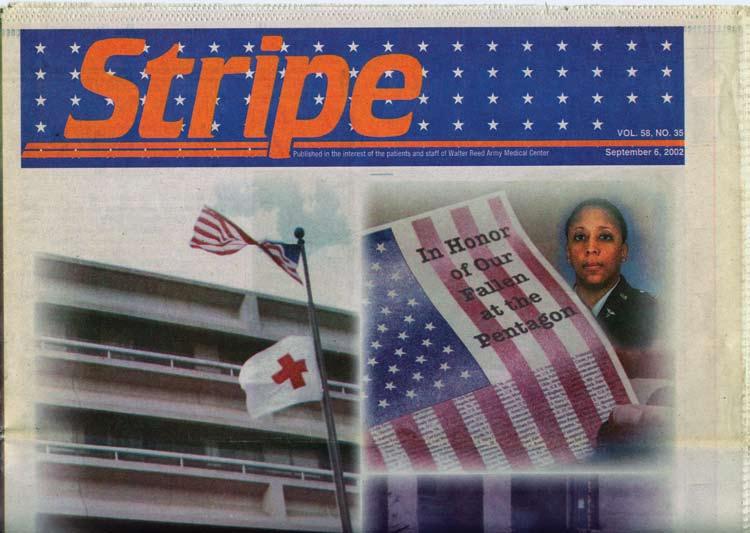 p The cover of the Stripe newspaper commemorating the first anniversary of the September 11, 2001 attacks and its victims. Source: Stripe newspaper, Sept.