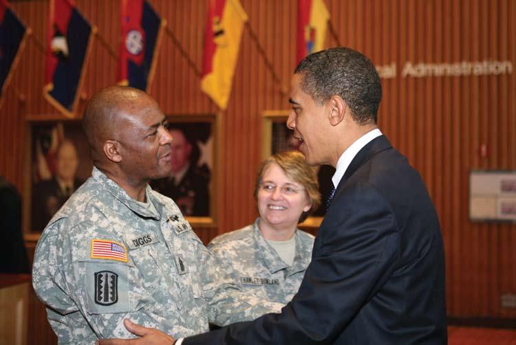 p President-elect Barack Obama meets with CSM James E. Diggs and Maj. General Hawley-Bowland during his visit to Walter Reed Army Hospital in the days leading up to his inauguration.