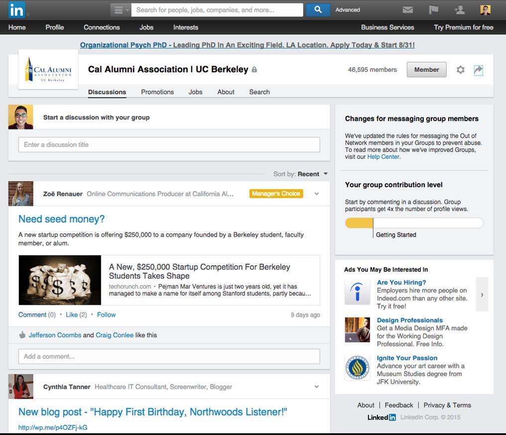 LinkedIn CAA s LinkedIn group is exclusive to Cal alumni, and has more than 47,602 members in the