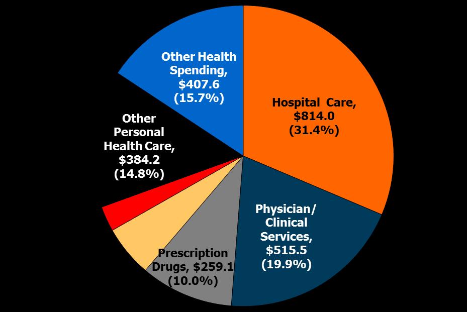 Distribution of National Health Expenditures (by Type of Service in Billions 2010) Nursing Care Facilities & Continuing Care Retirement Communities, $143.1 (5.5%) NHE Total Expenditures: $2,593.