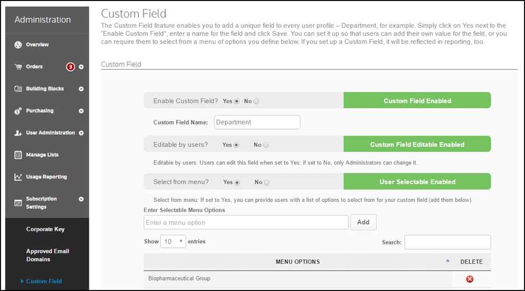 Clarivate Analytics Techstreet Enterprise: Admin Guide 4 Under Subscription Settings, you can add a custom field to user profiles using the Custom Field feature.