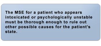 3009 Scope of the MSE: Psychiatric and Intoxicated Patients For psychiatric patients, the MSE must be able to rule out any possible physical cause for the patient s symptoms.
