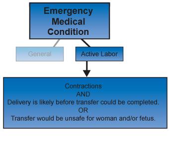 3013 Features of an EMC: Patients in Active Labor A pregnant woman has an EMC if she is having contractions (active labor) and: IMAGE: 3013.