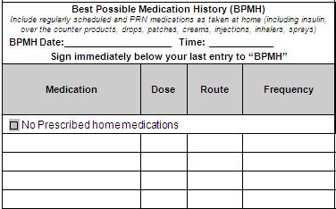 How To Best Possible Medication History (BPMH) Section: Fill in the date and time your BPMH tool was completed. If there are no prescribed medications, check the No Prescribed home medications box.