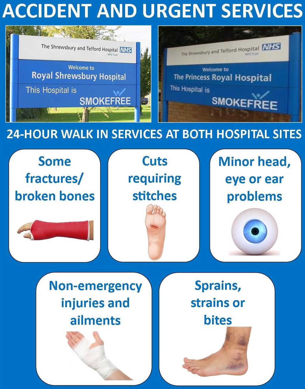 Care at your local hospital: Accident and Urgent Care Services New Accident and Urgent (A&U) Care Centres in Shropshire would be open 24-hours-a-day, sevendays-a-week and be available to treat the