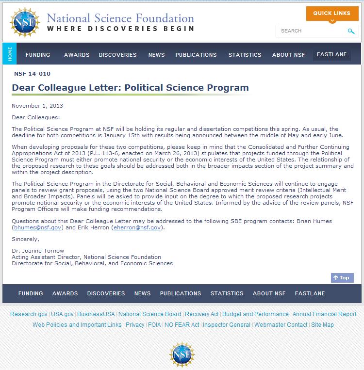 August 15, 2013: NSF cancelled panels for Political Science while it evaluated the new criteria. Nov.