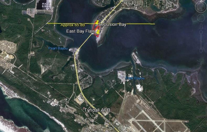 Tyndall Air Force Base Second site: East Bay Flats, 14.1 acres. Third site: Seclusion Bay, 14 acres.
