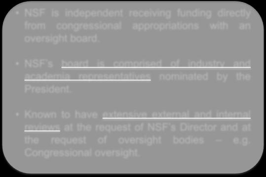 oversight board. NSF s board is comprised of industry and academia representatives nominated by the President.
