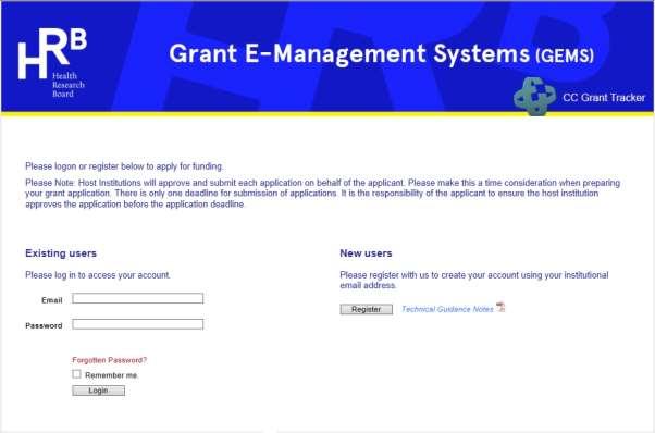 Registration Figure 1 - Registration and Login Page For users new to our online applications system Only registered users of the system can apply for grants.