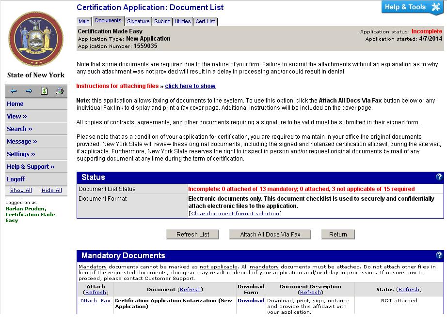 RETURN TO MAIN PAGE FROM DOCUMENT LIST Click on MAIN tab