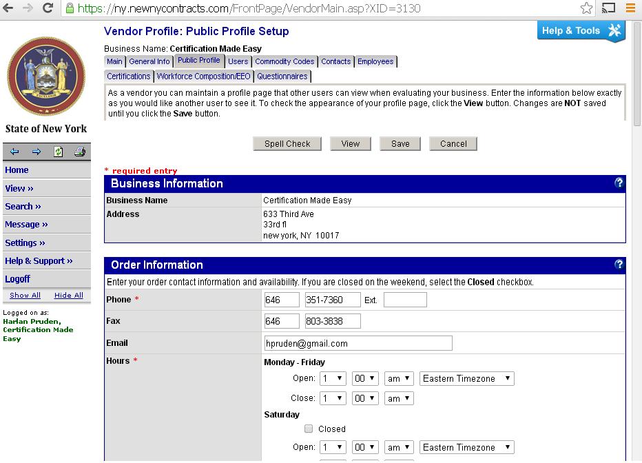 NYS CONTRACT SYSTEM VENDOR PROFILE Fill in the required