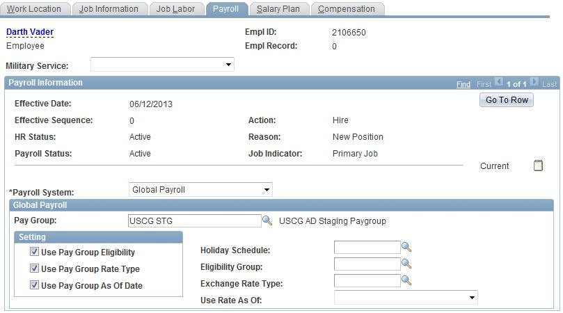 13 Click the Pay Group lookup icon and select USCG STG (if not