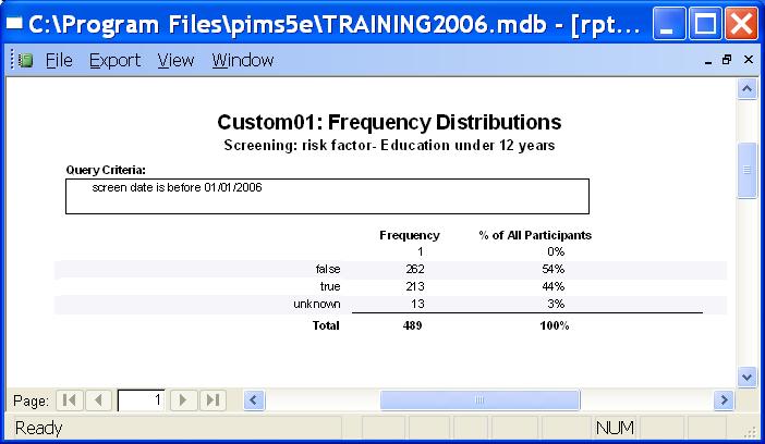 Example 3 Custom Report on Record Screen Risk Factors After running the custom reports above for age, education level, and other risk factors, the following table can be compiled for demographics of
