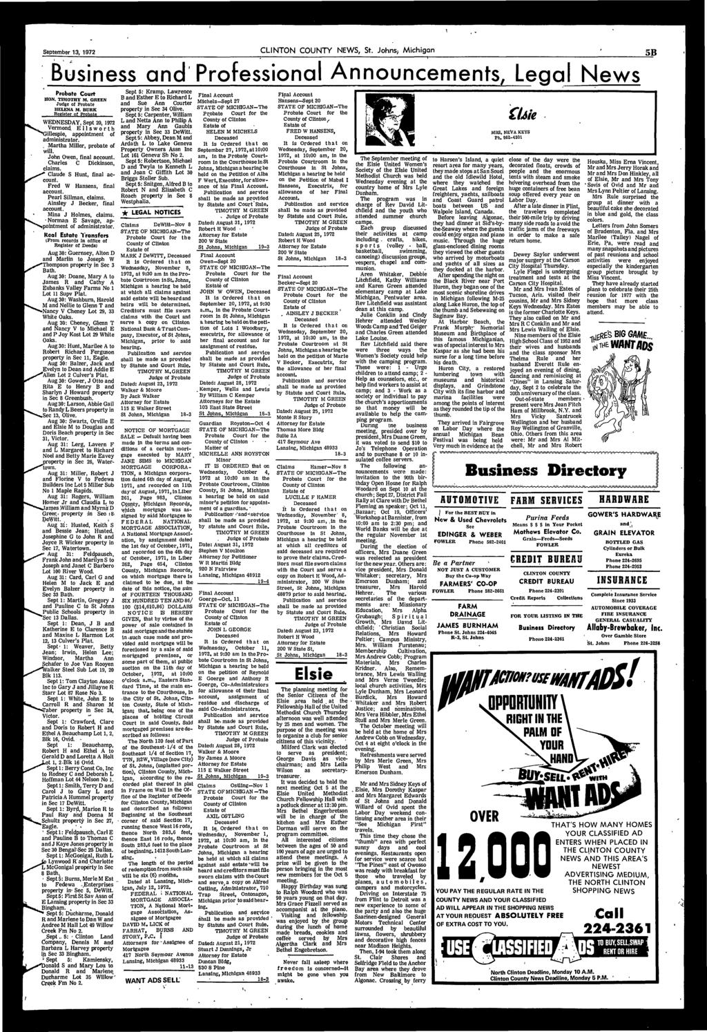 September 13, 1972 CLINTON COUNTY NEWS, St. Johns, Michigan 5B Business and Professional Announcements, Legal News Probate Couit IION, TIMOTY M. GREEN Judge of Probate ELENA M.
