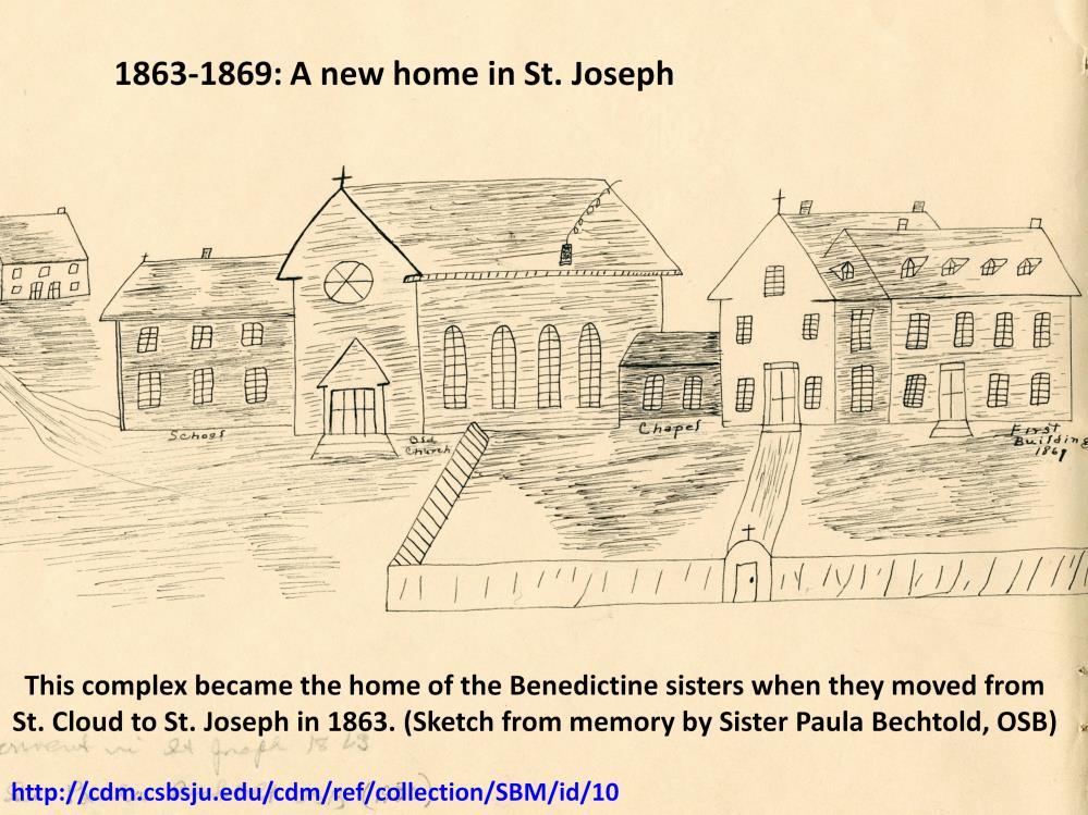 First Benedictine convent complex (1863) in St. Joseph, MN http://cdm.csbsju.edu/cdm/ref/collection/sbm/id/10 SBM.02a In 1886, the log church and school were completely destroyed by fire.