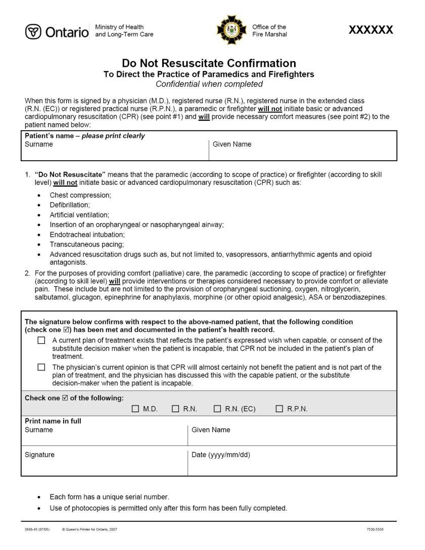 Appendix 1 Do Not Resuscitate Confirmation Form Hospice Palliative