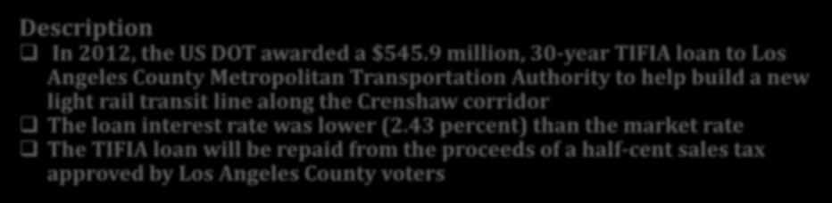 Federal TIFIA Loans: Los Angeles County s Crenshaw/LAX Transit Corridor Description In 2012, the US DOT awarded a $545.