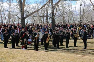 The combined bands of The Kings Own Calgary Regiment and The Loyal Edmonton Regiment under the