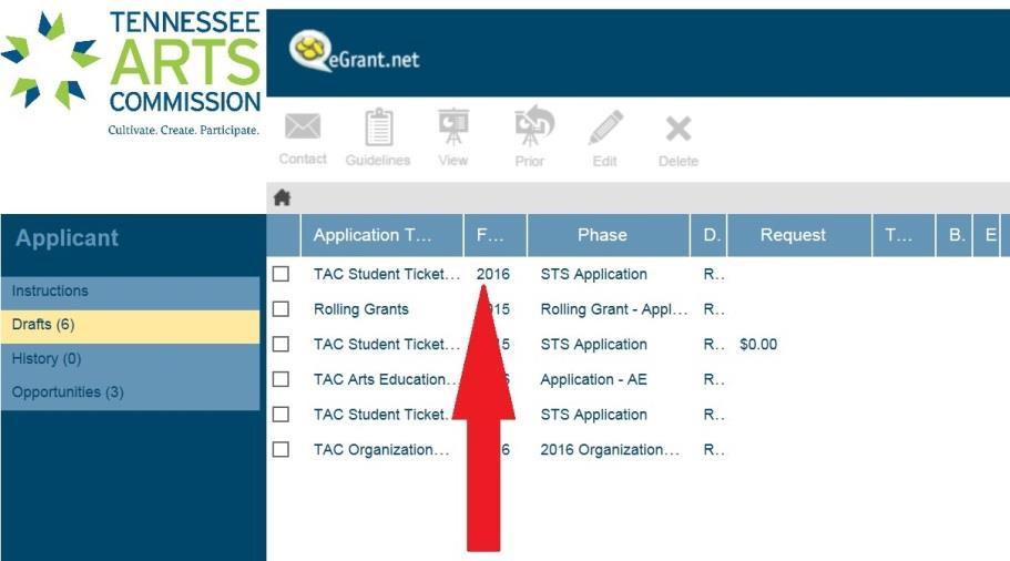 Click on: 2016 TAC Student Ticket Subsidy. The application will appear, and you can begin filling out the Applicant Profile, Project Description, and Assurances Page.