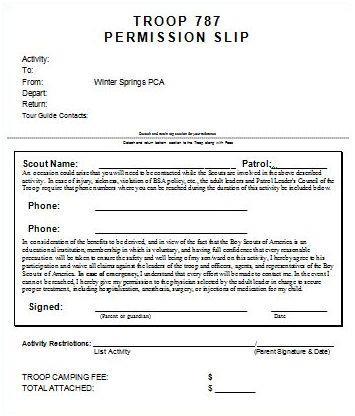 PERMISSION SLIPS Permissions slips are required for any activity outside the regular troop meeting and are generally produced by the program patrol.