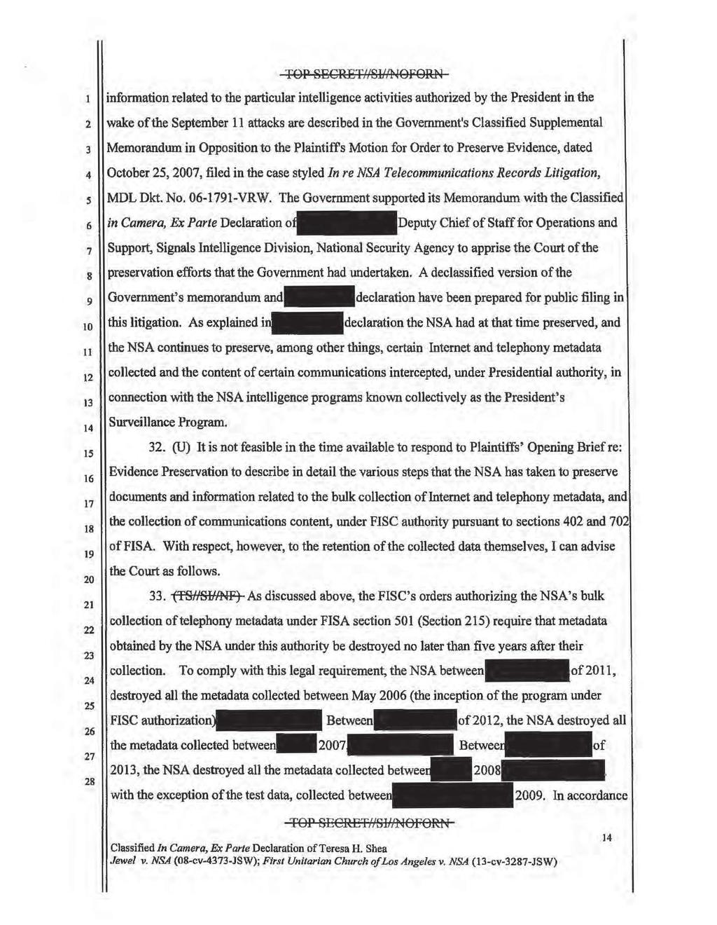 Case4:08-cv-04373-JSW Document2 Filed05/05/ Page of TOP 8ECRET//811~ 0FORN information related to the particular intelligence activities authorized by the President in the 2 wake of the September 11