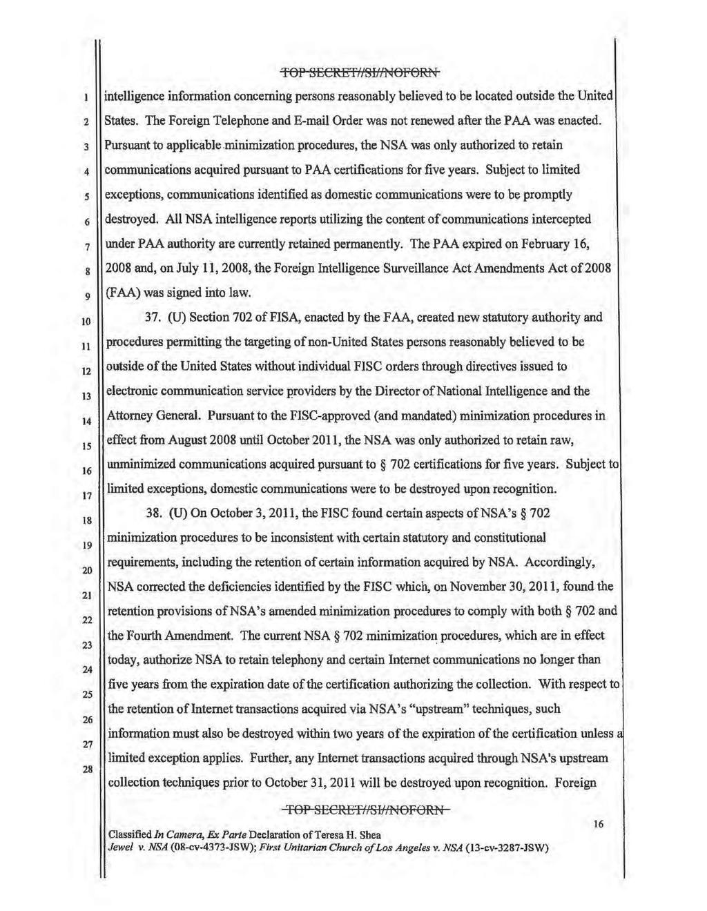 Case4:08-cv-04373-JSW Document2 Filed05/05/ Page of 2 3 4 s 6 7 8 11 25 TOP SECRETf/Sf//tqOFOR:N intelligence information concerning persons reasonably believed to be located outside the United