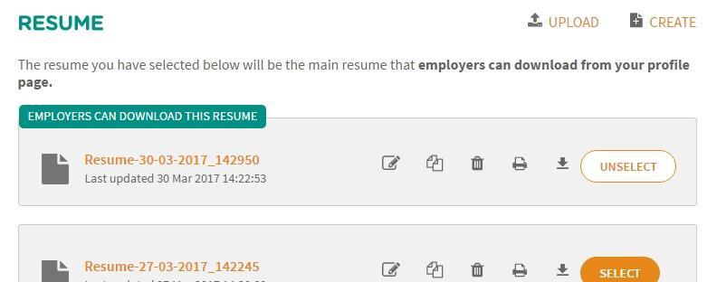 3.1 CREATE RESUME 1. Click on the Create icon at the top right of the Resume header to start creating your resume. 2.