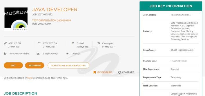 2. Click on the Job Title of a job tile listed. 3. The Job Details page is displayed. For jobs you have not applied before, you can click on the: A. Apply Now button to apply for the job B.