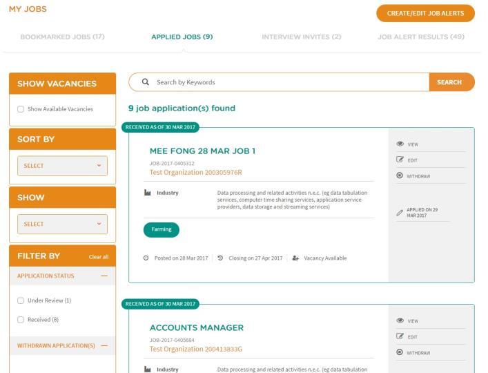 7.2 APPLIED JOBS 1. After logging in, Click on the Dashboard Access button to display a drop-down list of the account features. Click on the My Jobs link to go to the My Jobs section. 2.