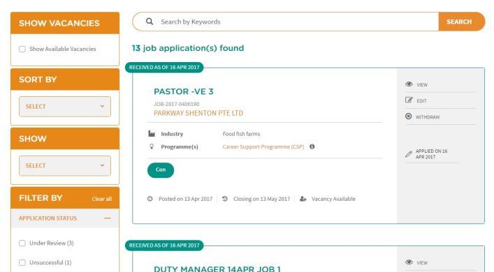 3. On this page, you can perform these actions via the panels on the left: A. Search by Keywords B. Show only those Applications for Jobs with vacancies C.
