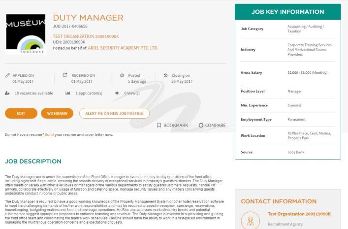The Job Details page is displayed. You can also perform these actions by clicking the following: A. Edit B. Withdraw C.