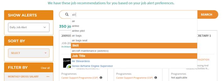 3. To Search Job Alert Results by Keyword: Type a phrase or partial word in the search bar. Example: air.
