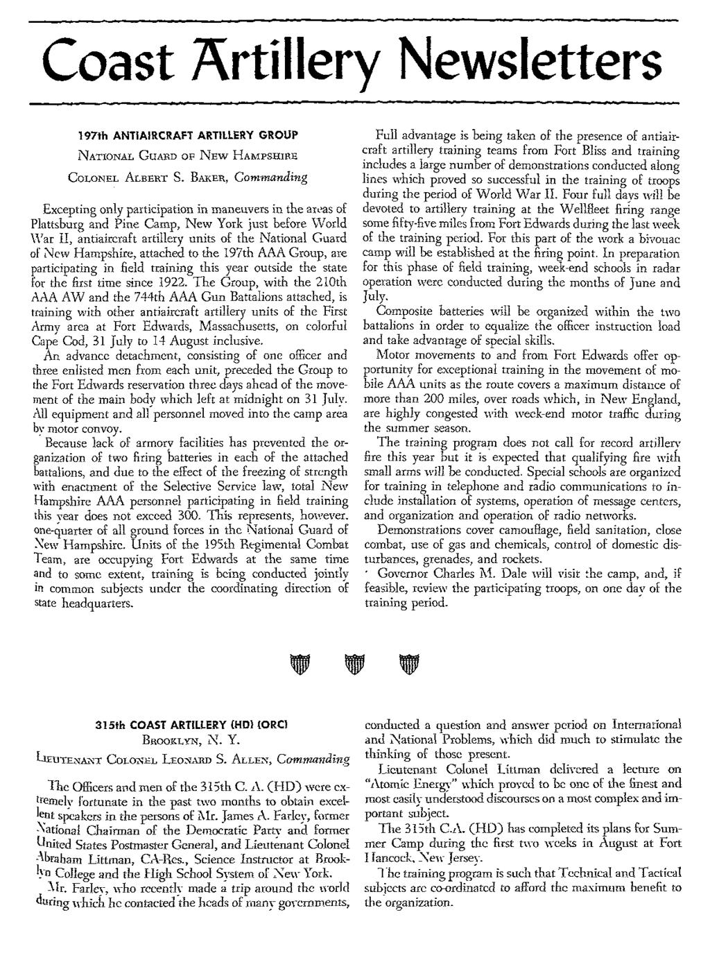 Coast ~rtillery Newsletters 197th ANTIAIRCRAFT ARTILLERY GROUP NATIONAL GUARD OF NEW HAMPSHIRE COLONEL ALBERT S.