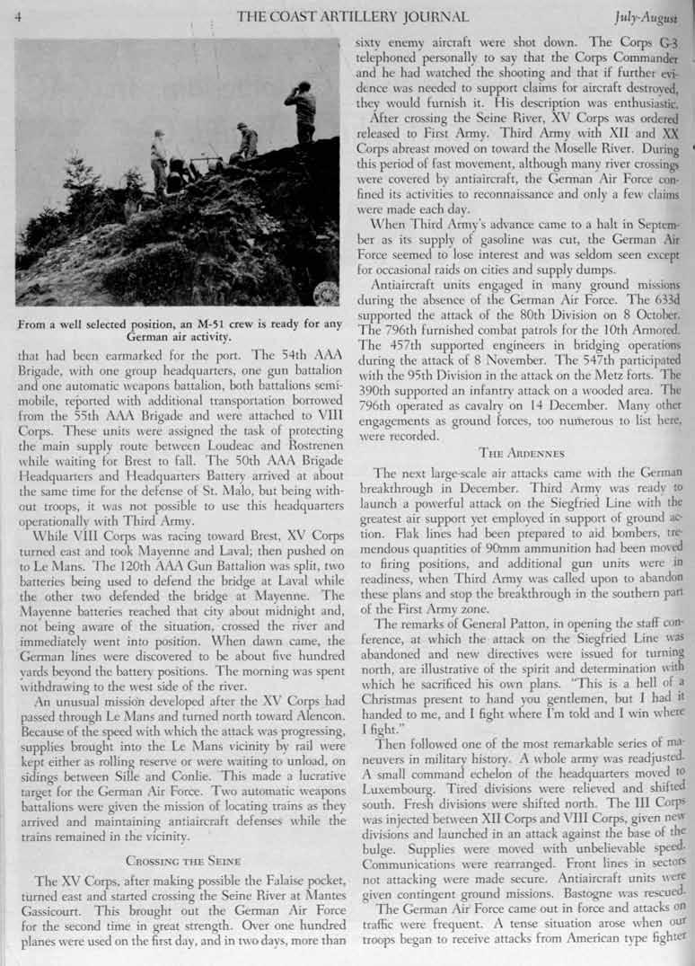 THE COAST ARTILLERY JOURNAL July-August From a well selected position, an M-S1 crew is ready for any German air activity. th;h had been earmarked for the port.
