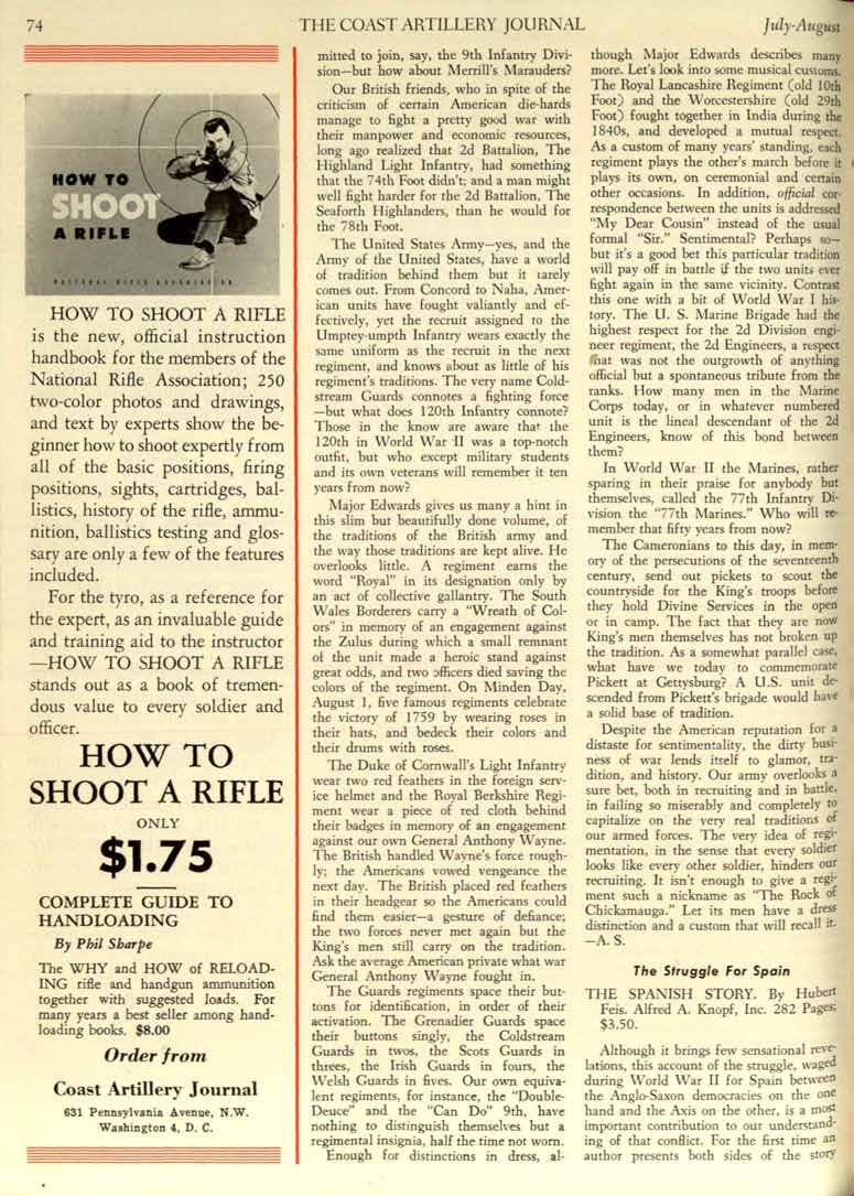 74 THE COAST ARTILLERY JOURNAL JlIly-August HOW TO SHOOT A RIFLE is the new, official instruction handbook for the members of the National Rifle Association; 250 two-color photos and drawings, and