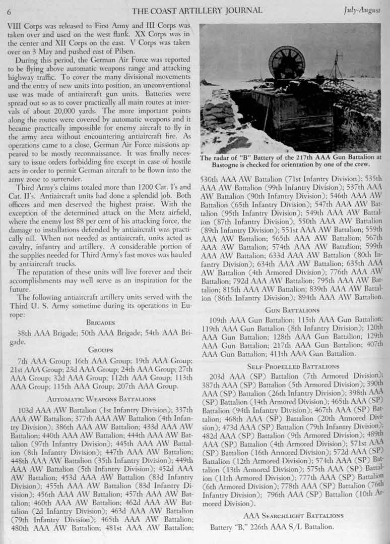 6 THE COAST ARTILLERY JOURNAL J IIly-AIIgllst r VIll Corps was released to First Army and III Corps was taken ovcr and used on the west Hank. XX Corps was in the center and XII Corps on the east.