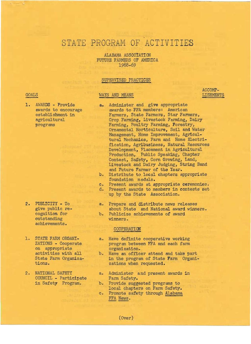 STATE PROGRAM OF ACTIVI TIES ALABAMA ASSOCI ATION FUTURE FARMERs OF AMERICA 1968-69 GOALS SUPERVISED PRACTICES WAYS AND MEANS 1.