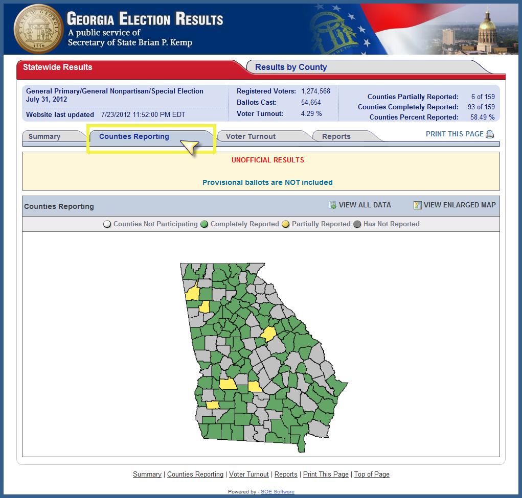 When a county begins to report votes, the map will be shaded yellow, indicating that the county has begun to report results.