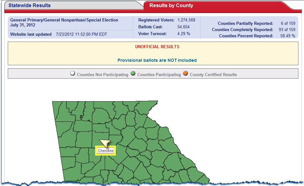 Pointing to a county on the state map with your mouse displays the county name. Select the county you want to view by clicking the county on the map or selecting it from the list below the map.
