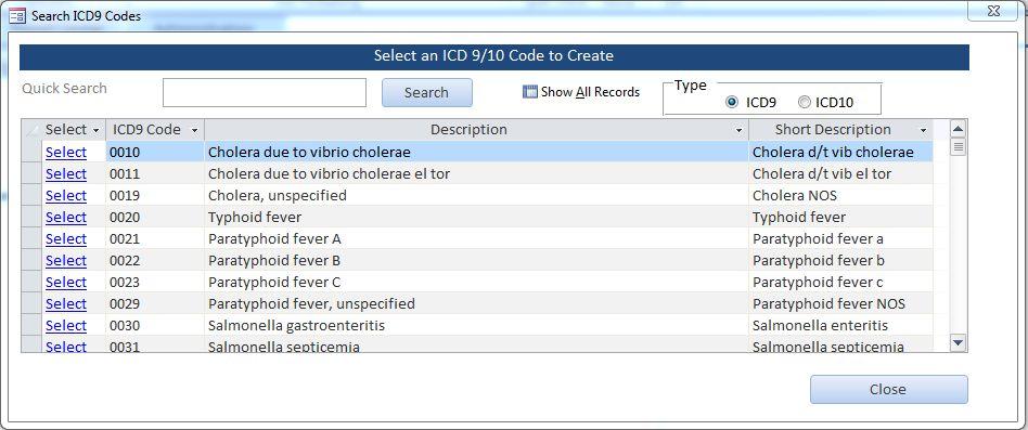 It defaults to ICD 9 but will default to ICD 10 when it is required. Search for your code by name or number.