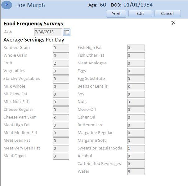 Food Frequency Assessment Survey This survey is a food frequency assessment of the patient s diet.