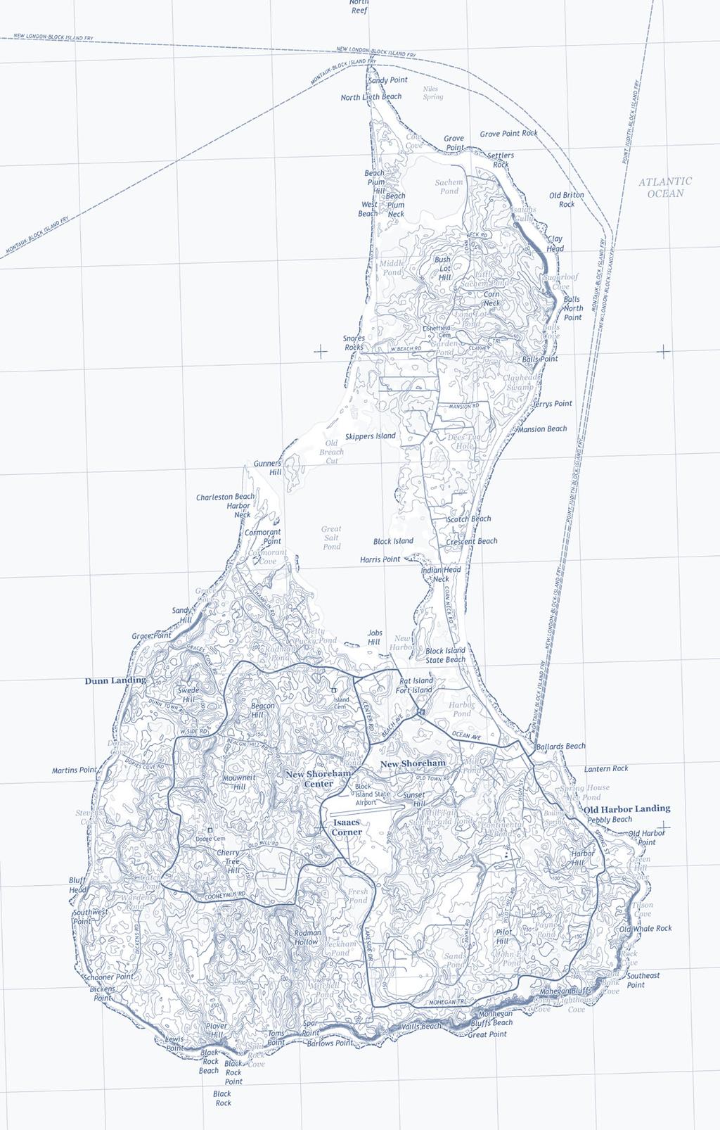 Block Island Block Island is located in the Atlantic Ocean 13 miles south of mainland Rhode Island.