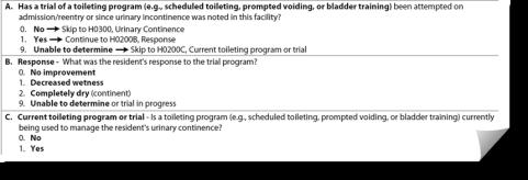 Urinary pouch is coded as external catheter Section H = 7 day lookback or since last entry. Captures 3 aspects of a toileting program: A. Whether a toileting program has been attempted B.