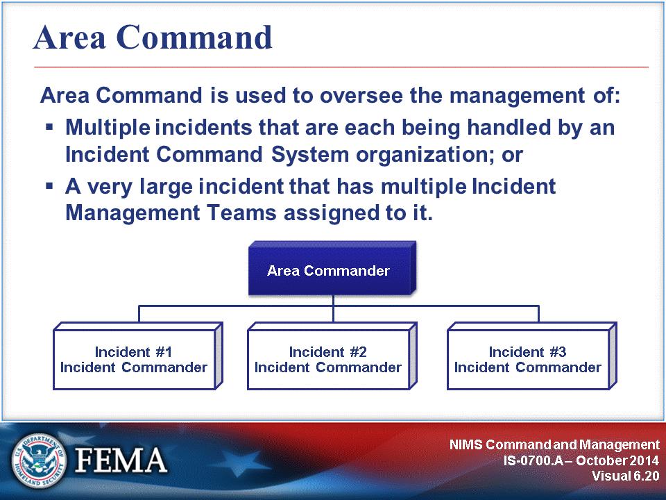 Area Command is used when there are a number of incidents generally in the same area and often of the same kind. Examples include two or more hazardous materials spills, fires, etc.