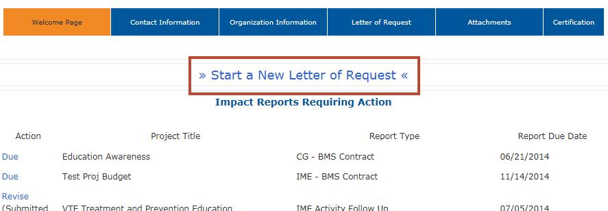 Welcome Page When beginning a New Request click the Start a New Letter of Request link on the Welcome Page All Corporate Giving and IME Requests can be requested